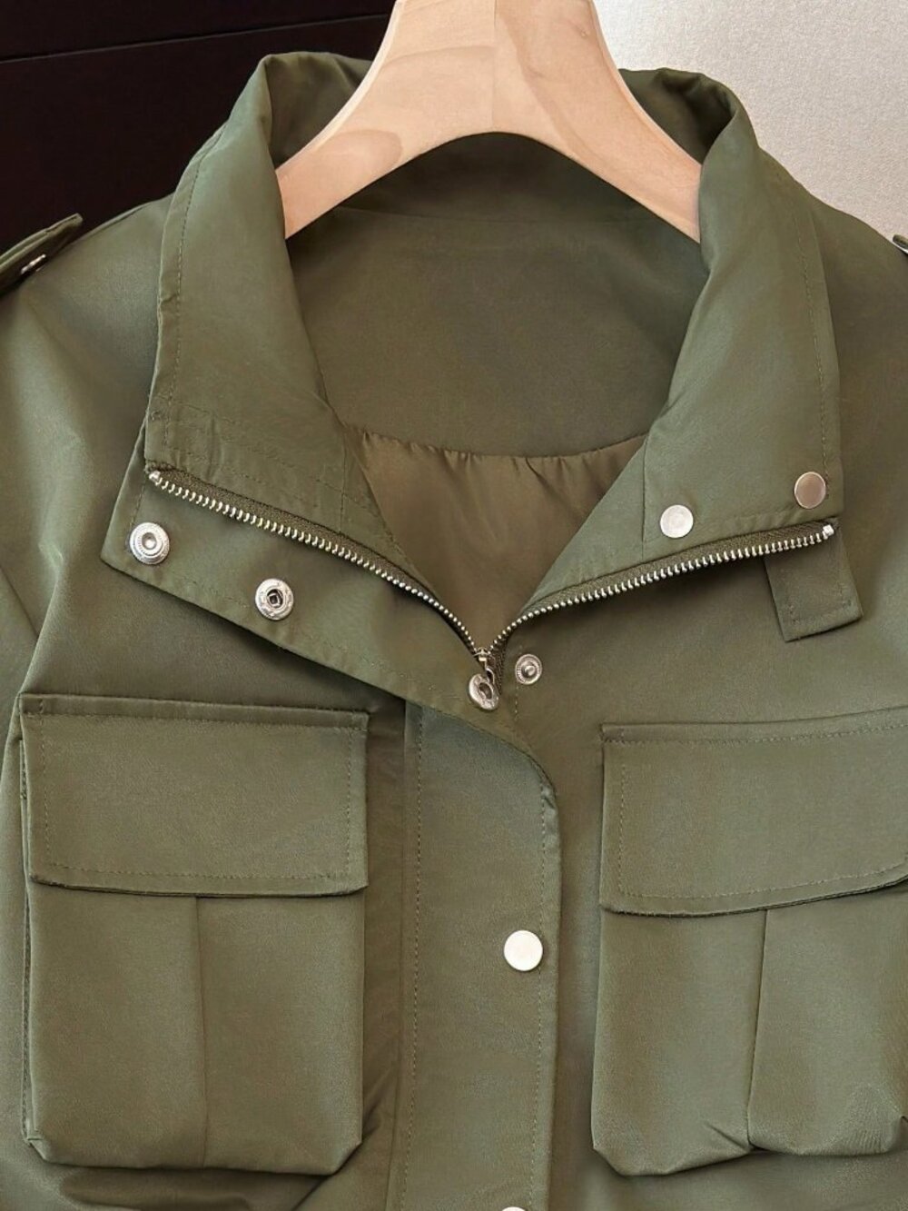 Army Green Women's Casual Multi-Pocket Funnel Neck Utility jacket - Picture 8 of 9
